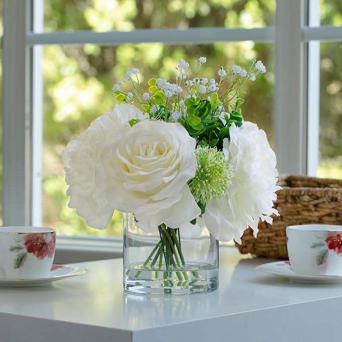 ENOVA FLORAL Artificial Rose Flowers in Vase, Mixed White Rose and Silk Peonies in Vase with Faux Water for Dining Table Centerpieces, Home Decor Indoor (FL-158-Cream)