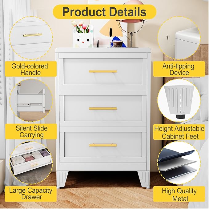 3 Drawers Tall White Dresser for Bedroom, 35.43" Metal Dressers & Chests of Drawers Curved Corner Design, Storage Organizer Drawer Chest with Large Capacity for Living Room, Entryway, Hallway