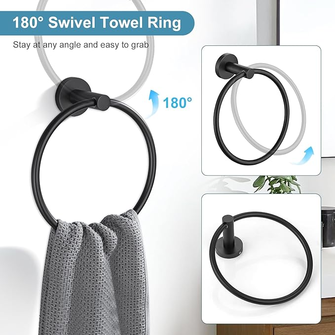 TQKAG Matte Black Bathroom Hardware Set 5 Pieces, SUS304 Stainless Steel Towel Bar Set Round Bathroom Towel Rack Set Wall Mounted