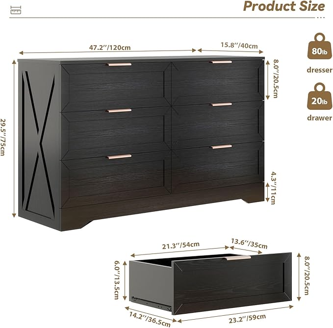 Modern 6 Drawer Dresser for Bedroom, Dresser Chest of Drawer with Large Drawers & Golden Handles, Wooden Dressers Drawer Storage Unit for Bedroom, Living Room, Closet (Black)