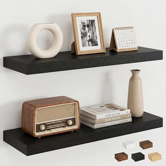 Dreamland Floating Shelves, Rustic Wooden Black Wall Shelves for Bathroom|Bedroom|Kitchen, Deep Wall Mounted Book Shelf, Wood Storage Display Shelf for Home Decor, 22.5" X 6.7" Set of 2