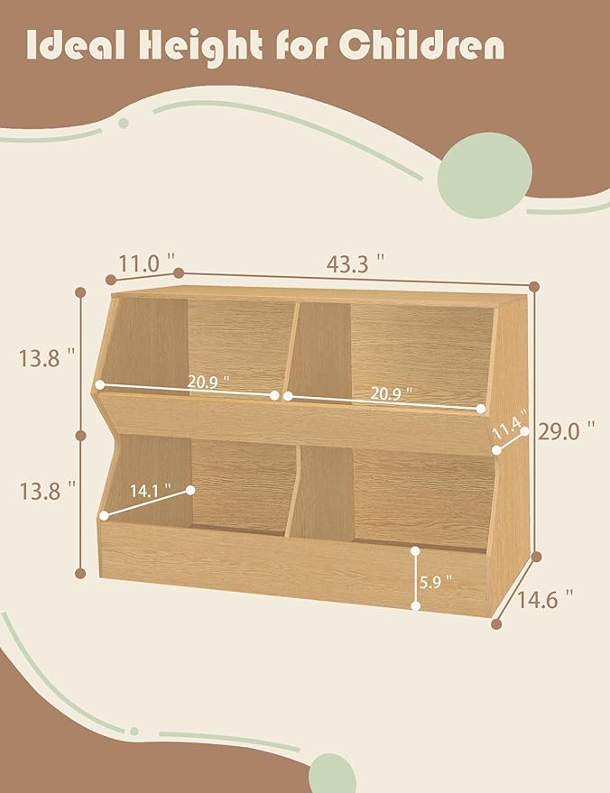 DINZI LVJ Kids Bookshelf, Toy Storage Organizer, Wooden Toy Storage Cabinet, 4 Cubby Children Bookcase, 43.3" L Toddler Book Shelf for Bedroom, Nursery, Hallway, School, Natural