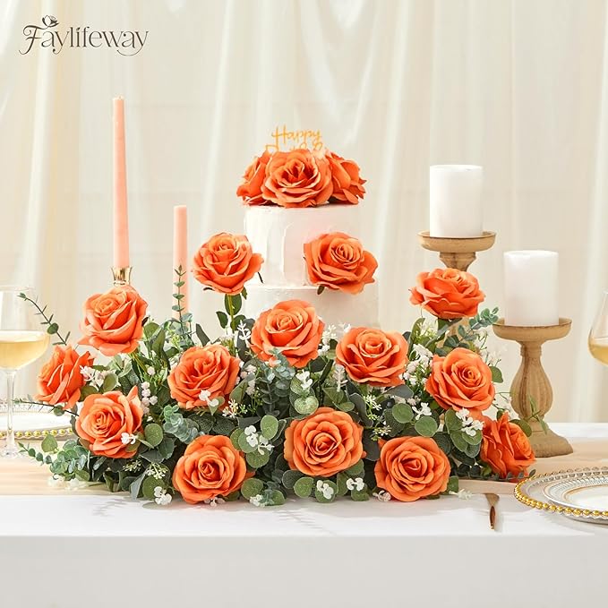 20PCS Artificial Light Orange Roses, 3.9'' Silk Flower Head Fake Light Orange Rose with Long Stems, Realistic Faux Roses Bouquet for Mother's Day DIY Wedding Home Party Office Decoration
