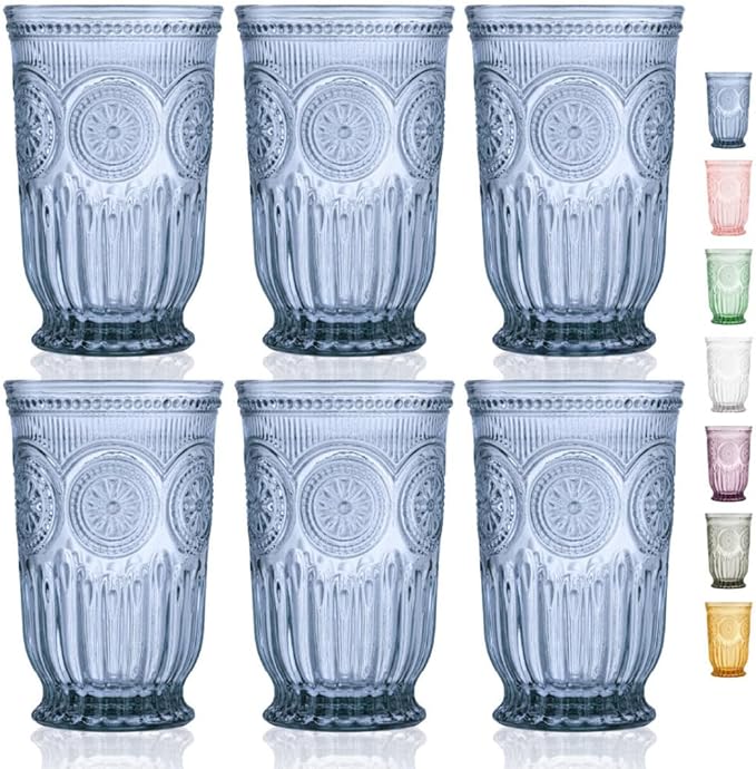 Blue Highball Glasses Set of 6 Tall Drinking Glasses 10 oz