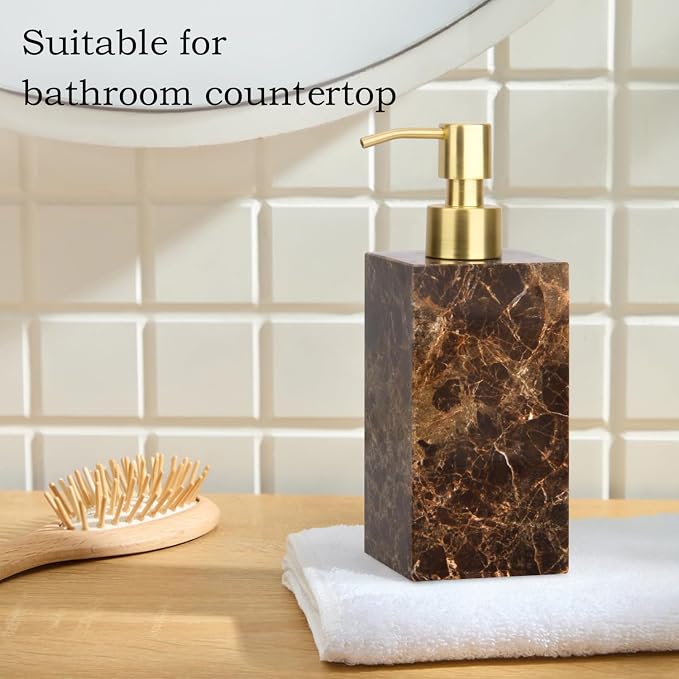 Natural Marble Soap Dispenser for Bathroom and Kitchen Countertop - 5.41 Ounces Hand Lotion and Liquid Stone Shampoo Laundry Bottle with Pump (1, Dark Brown, Rectangular Bottle)