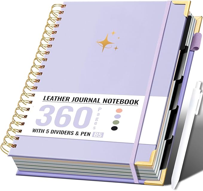 FLYING EAGLE Leather Spiral Notebooks for Work 5 Subject Notebook College Ruled with Dividers Pen, 360 Pages B5 Hardcover Lined Journals for Women Men Writing,Purple