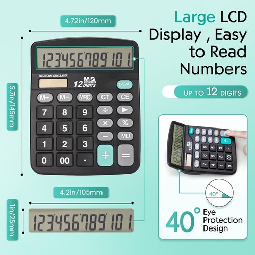 M&G Desk Calculator - 12 Digit Office Calculator with Large LCD Display & Dual Power | Black, Pack of 5