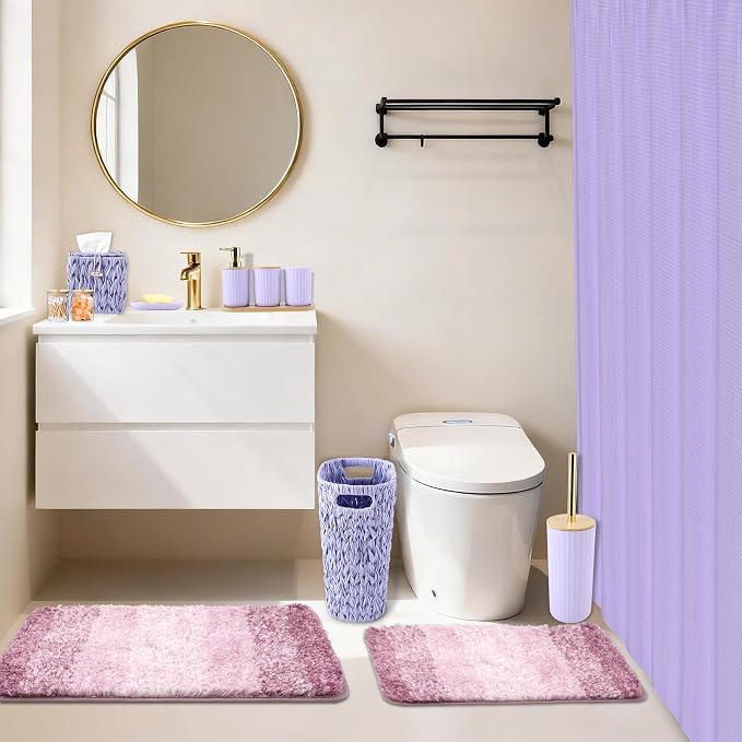Bathroom Accessories Set, 25PCS Wicker Bathroom Accessory Set with Shower Curtain, Bath Mat, Soap Dispenser, Handwoven Trash Can & Rattan Tissue Box (Purple, Bath Set+Shower Curtain+Rugs)