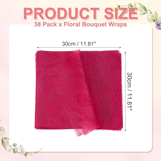 YELARXI Flower Wrapping Paper, Cotton Wrapping Flower Paper, Non-Woven Waterproof Floral Bouquet Wraps - Fitting for (Florist Supplies/Gift) 11.8 x 11.8 Inch & 38 Pack & Dark Pink