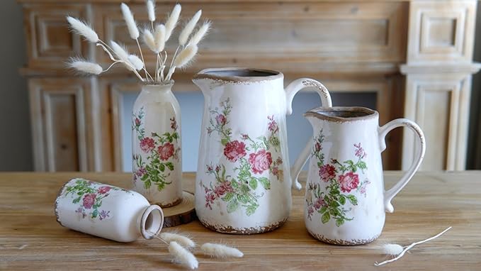 Vintage Rose-Floral Small Ceramic Vase Set, Retro Rustic Farmhouse Cute Flora Vase Gift, Art Décor for Your Home, Kitchen, Bedroom, Office, Living Room, Bathroom & Shelf Centerpiece Table Decorations