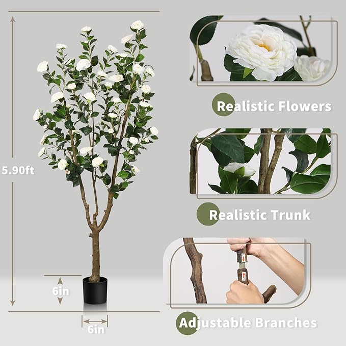 6.6ft Tall Camellia Artificial Tree, Handmade Faux Floral Camellia Tree, Pink White Blooming Flowers & Green Leaves, Artificial Plants for Home Front Door Decor Indoor Outdoor Party Wedding