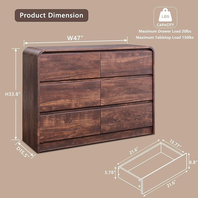 Modern 6 Drawers Dresser for Bedroom, 47" Wide Wood Dressers & Chests of Drawers w/Curved Profile Design, Mid Century Modern Dresser w/Natural Texture for Bedroom, Living Room, Brown