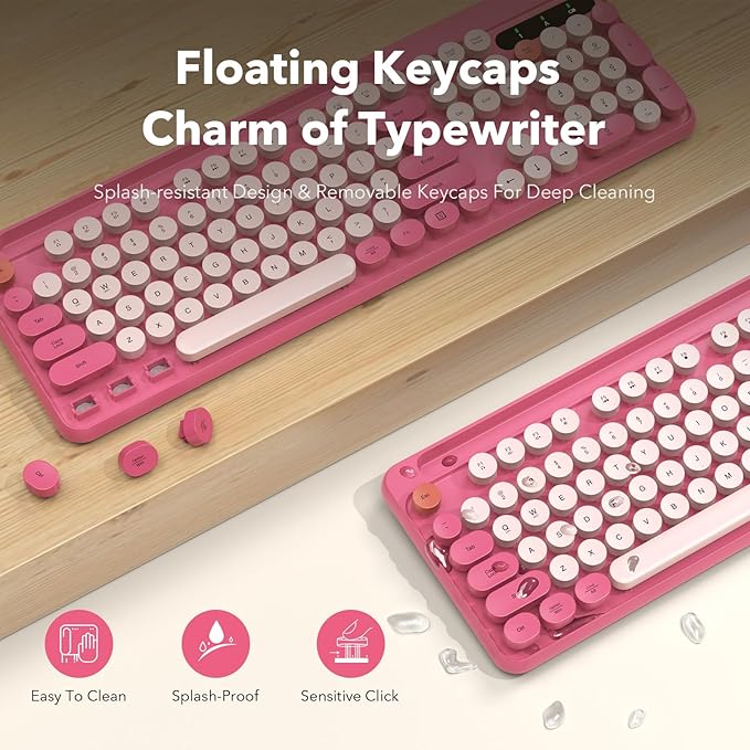 Wireless Keyboard and Mouse Combo, Retro Round Keycaps, Full-Size Cute Typewriter Keyboard with Large Phone/Tablet Holder, Auto-Sleep, 2.4GHz Cordless Connection for Windows/PC/Laptop