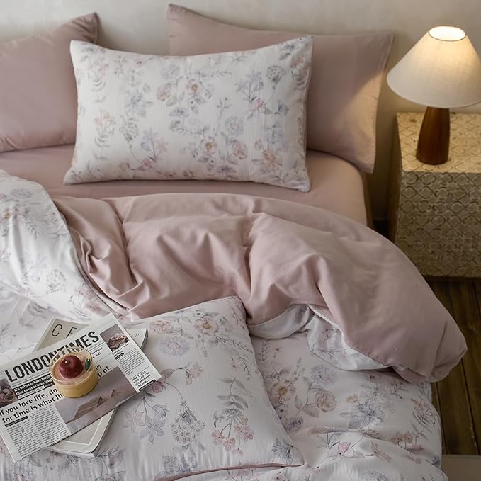VM VOUGEMARKET King Duvet Cover Set,Blue Pink Flower Duvet Cover with 2 Pillowcases Cooling Breathable Lyocell & Cotton Bedding Set for Girls & Women (Blush Pink, 104x90 Inch)