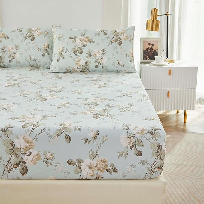 Brandream French Country Garden Toile Floral Print Bed Sheet Set Luxury Bedding Collections 800TC 100% Egyptian Cotton Tapestry Pattern Chinoiserie Peony Blossom Tree Branches, 4Pcs-Queen Size