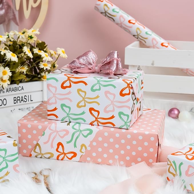 Burymento Bow Wrapping Paper Roll, Reversible Dot Design Gift Wrap for Birthday, Valentines, Mothers day, Graduation, Wedding, Fathers day, Baby Shower, Christmas (17 IN x 32.8 FT)
