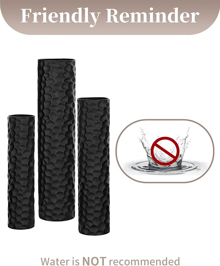 Sziqiqi Black Tall Floor Vase: 27/23/20in Large Floor Vases Standing for Living Room - Hammered Metal Floor Vases Set of 3 - Cylinder Flower Vase for Dining Bedroom Home Corner Indoor Office