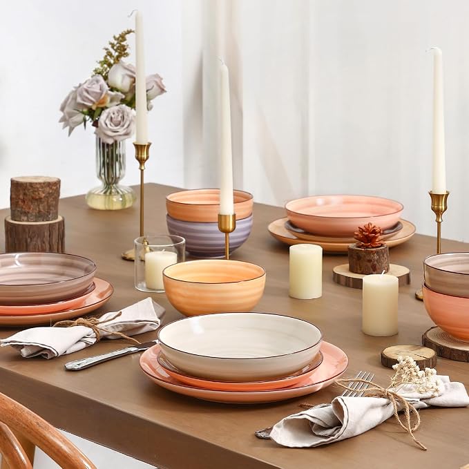 Selamica Ceramic Plates and Bowls Sets,24 Pieces Dinnerware Sets for 6,Scratch Resistant Dish Set for holiday gathering,Dishwasher & Microwave Safe, Maillard