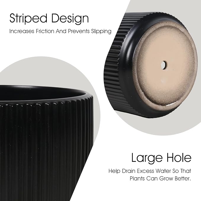 Oakrain Plant Pots Set of 3 with Vertical Stripes 7.8/6.5/5.2 inch, Modern Decorative Planters for Indoor Outdoor Plants, Garden Flower Pot with Drainage Holes, Ceramic Black