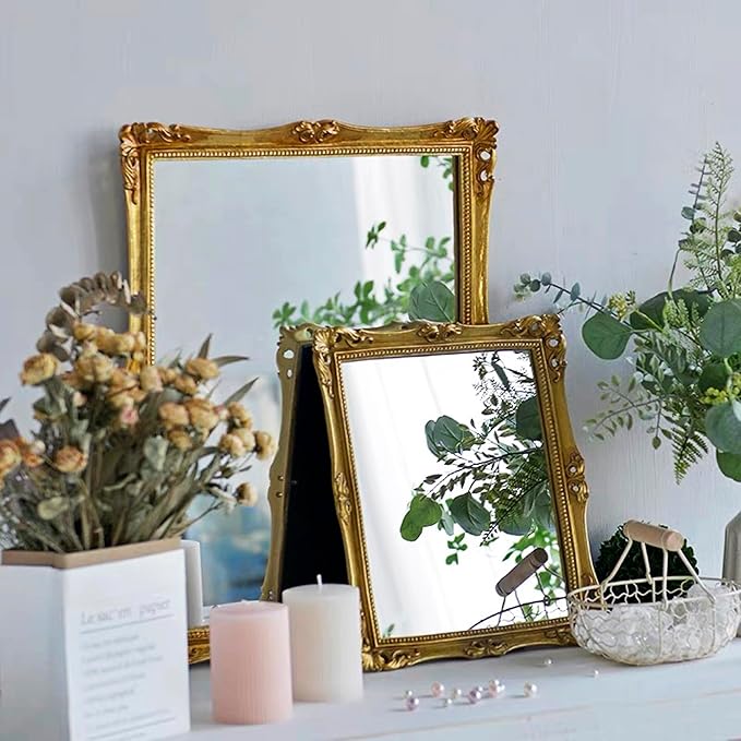 Funerom Vintage Decorative Mirror, Wall Mounted & Tabletop Makeup Mirror ，Square (Antique Gold, 16.5 x 13.5 inch)