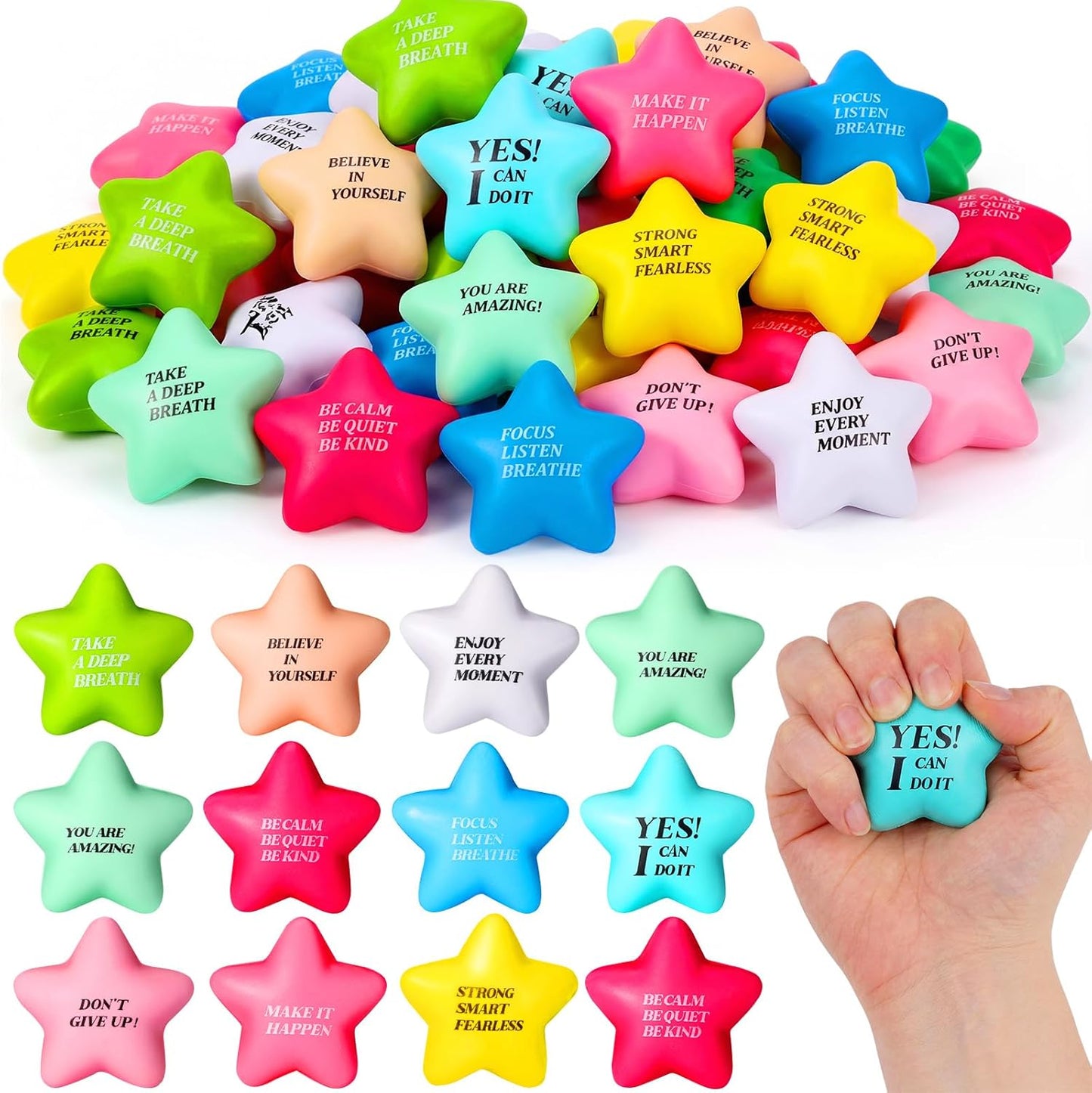 Sotiff Star Stress Balls - 100 Pack Mini Foam Squeeze Toys for Stress Relief | Fresh Colors & Motivational Quotes