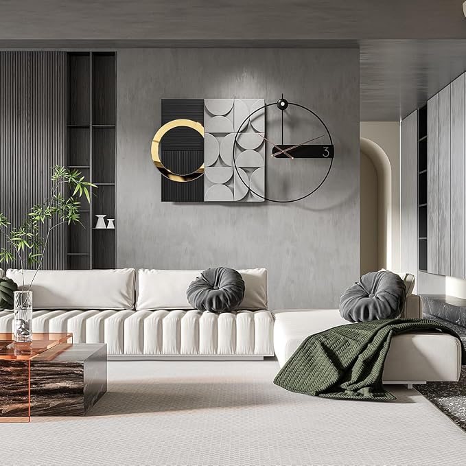 Modern oversized Wall Decor Clock, Large Geometric Decorative Wall Clock with 3D Textured Panels, Silent Non-Ticking Quartz, Black Gold & Grey Wall Art for Living Room Dining Room Office, 41×23.6"