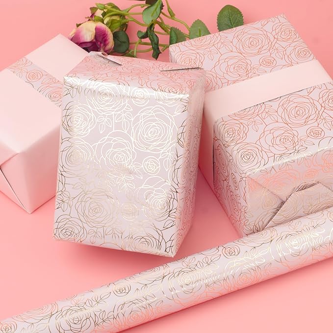 LDGOOAEL Mini Wrapping Paper Roll - Reversible Design (17" X 32.8Feet) - Metallic Gold Rose for Mothers Day, Birthday, Baby Shower
