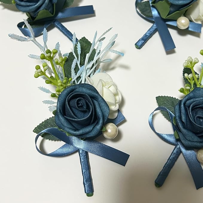 6PCS Navy Blue Boutonniere for Men, Groomsmen Guest Boutonniere, Artificial Flowers for Wedding Decor Prom Homecoming