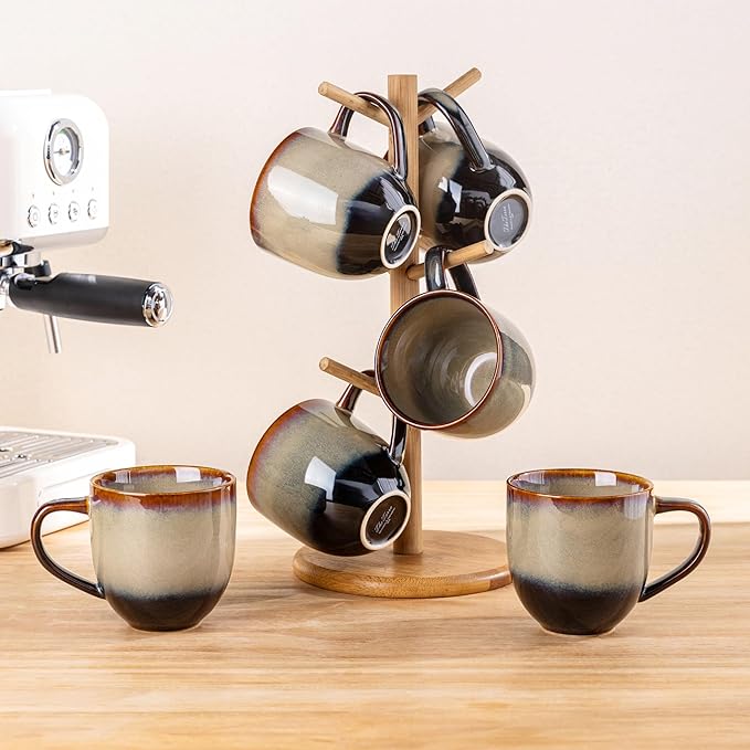 theterra Ceramic Coffee Mugs Set of 6, 12oz Handmade Coffee Cups with Handle for Latte, Tea, Milk, Beer, Hot Cocoa, Coca Mocha
