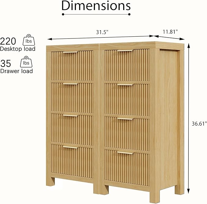 Modern 8-Drawer Solid Wood Dresser with Fluted Front & Gold Handles, Multifunctional Tall Storage Chest, for Hallway, Entryway, Natural X2