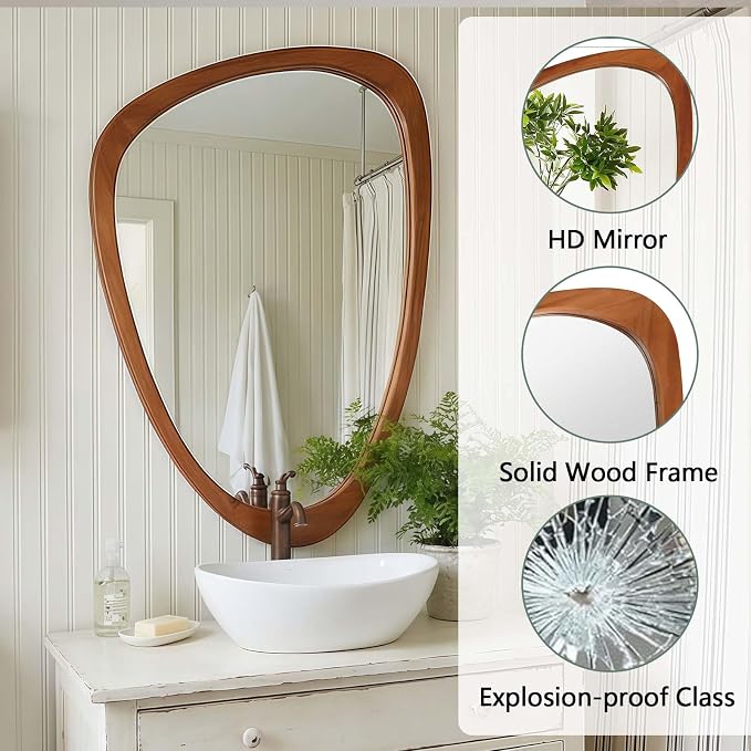 20x30 Inch Asymmetrical Wall Mirror Wood,Rustic Irregular Shaped Vanity Mirror for Bathroom,Bedroom, Living Room, Entryway, Fireplace,Wall Decor,Solid Wooden Frame (Yellow Brown, 20"x30" Inch)