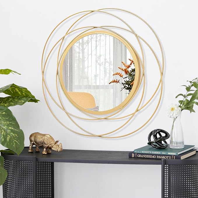 Gold Wall Mirror Mounted Round Decorative Mirrors with Iron Metal Wire Frame Mirror for Wall, Home Decorative Bathroom Vanity, Living Room or Bedroom White Small 20” x 20”