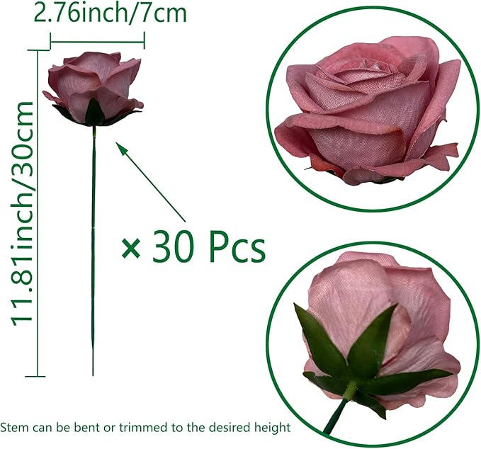 FagusHome 30 Pcs Silk Rose Artificial Flowers Roses Bulk Bouquet Fake Flowers Rose Heads with Stems for Home Wedding Decor (Dark Pink)