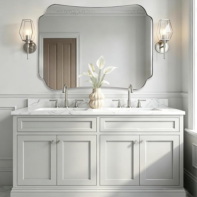 ANDY STAR Brushed Nickel Mirror 36x48 Inch, Bathroom Mirror for Wall, Large Scalloped Wall Mirror in Anti-Rust Stainless Steel Metal 1’’ Frame, Wall Mounts Horizontally or Vertically