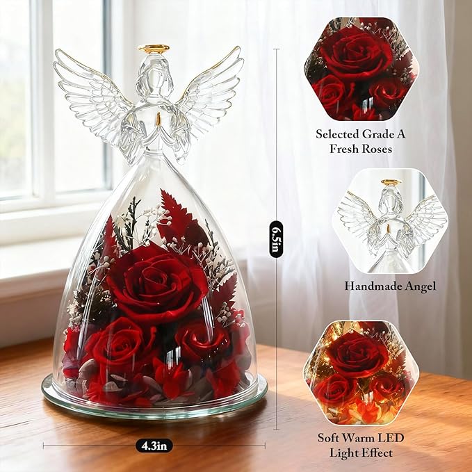Christmas Roses Gifts for Mom,Preserved Real Flowers Roses in Glass Angel Figurines, for Grandma Women Mom Wife Mother in Law/Red