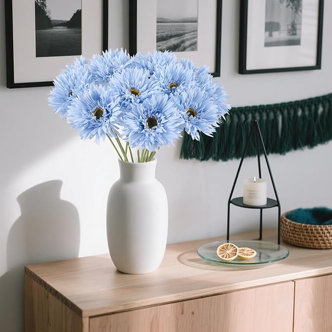 Gerbera Daisy Artificial Flowers 12pcs Faux Daisies Blue Silk Flowers with Stems for Vase Table Centerpiece Home Wedding Party Garden Decoration(Blue)
