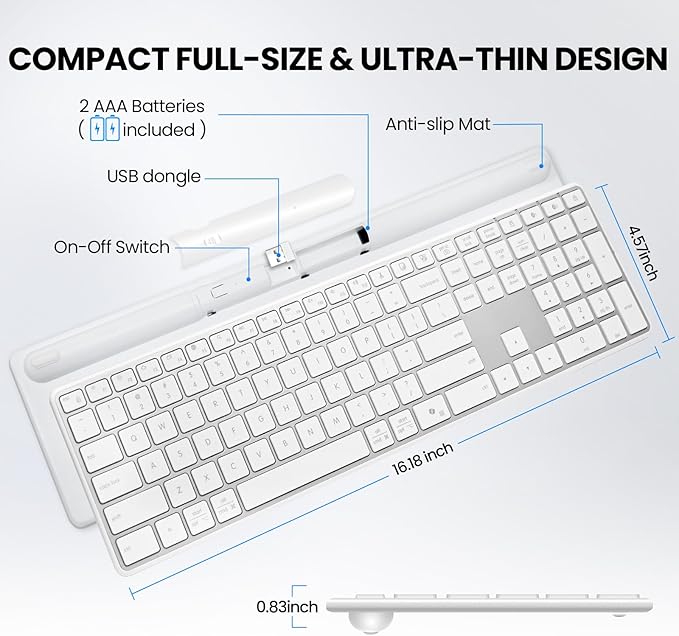 Bnnwa Wireless Bluetooth Keyboard Stainless Steel Multi-Device Full Size Keyboard with Numeric Keypad Low Profile Silent Cordless Keyboards Quiet Typing for Computer/Windows/PC/Laptop(Silver White)