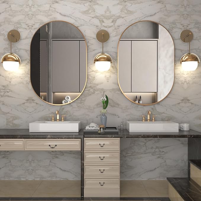 Oval Bathroom Mirror Capsule Wall Vanity Mirror, 2 Pieces 20"x30" Pill Mirrors Wall Mounted Mirror, Large Modern Mirror with Gold Metal Frame, Decor for Entryway, Bedroom, Living Room