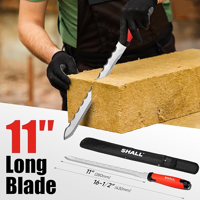 SHALL Insulation Knife, 11" Stainless Steel Blade Insulation Cutter, Dual-sided Serrated Sharp Duct Cutting Tool with Sheath for Heat Material Foam/Rockwool/Styrofoam - Sod Cutter Garden Knife