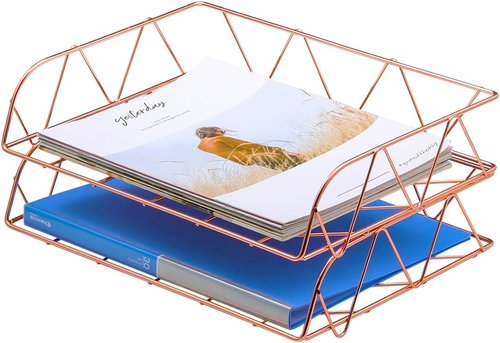 PAG Desktop File Organizer - Metal Stackable Horizontal Letter Tray - Rose Gold, 2 Packs