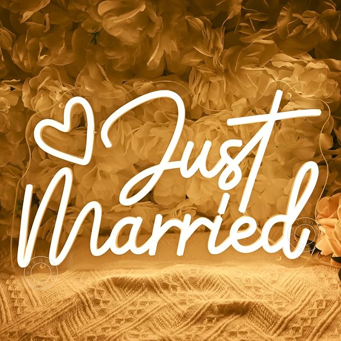 SYLHOME Just Married Led Neon Light Sign Heart Wedding Bridal Shower Backdrop Bedroom Wall Sign Decor Engagement Proposal Party Light Up Sign 15.75" X 9.25" USB