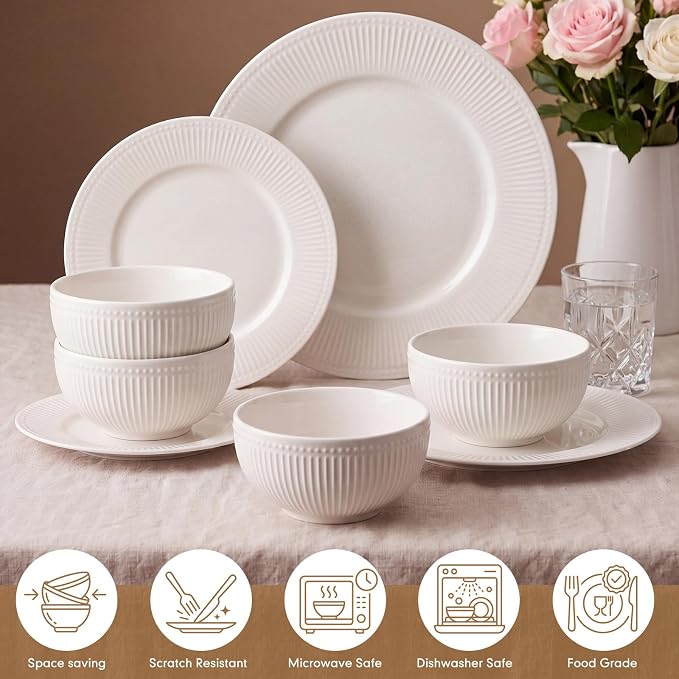 Domensi Ceramic Dinnerware Sets, Embossed Stoneware Plates and Bowls Sets Service for 2(Two More Bowls), Vertical Ribbed Embossed Pattern Oven, Microwave, Dishwasher Safe, Housewarming Wedding Gift