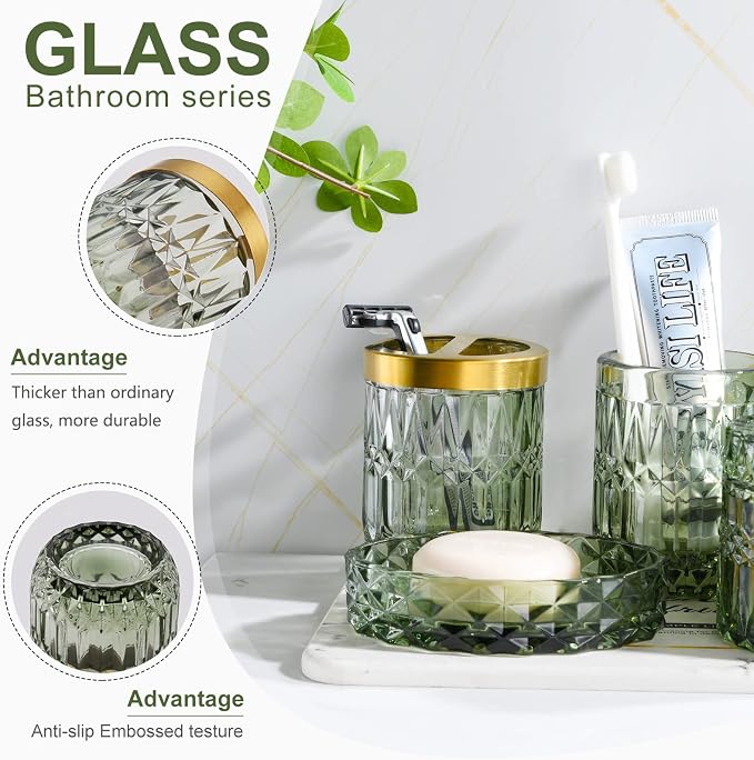 LaMarriti Green Bathroom Accessories Set, 6 Pcs Clear Glass Bathroom Set, Soap Dispenser, Soap Dish, Toothbrush Holder, Tumbler, Q-Tips Holder for Vintage Crystal Bathroom Decor, Gift Set
