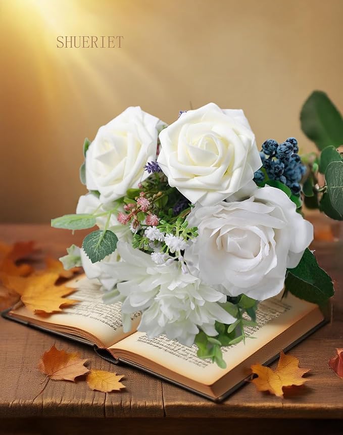 Ivory White Artificial Roses 25pcs, Real Looking Fake Foam Flowers with Stems for DIY Wedding Bridal Bouquets, Centerpieces, Party, Baby Shower, Christmas Decor