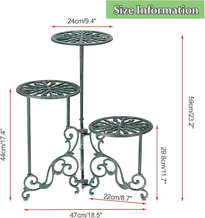 OwnMy 3 Tier Heavy Duty Cast Iron Plant Stand Foldable Wrought Iron Flower Pot Holder, Indoor Outdoor Tall Plant Stand Shelf for Garden Patio, Decorative Round Metal Plant Display Rack, Antique Green