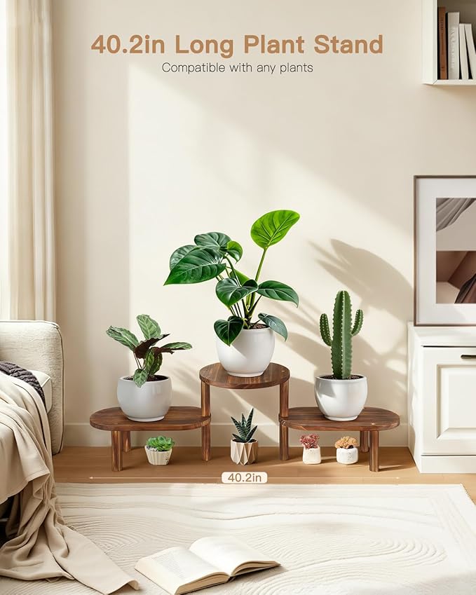 3 Tier Corner Plant Stand Indoor - Adjustable Wood Convex Flower Stand for Small Spaces, Heavy Duty Long Plant Shelf for Living Room Balcony Hallway
