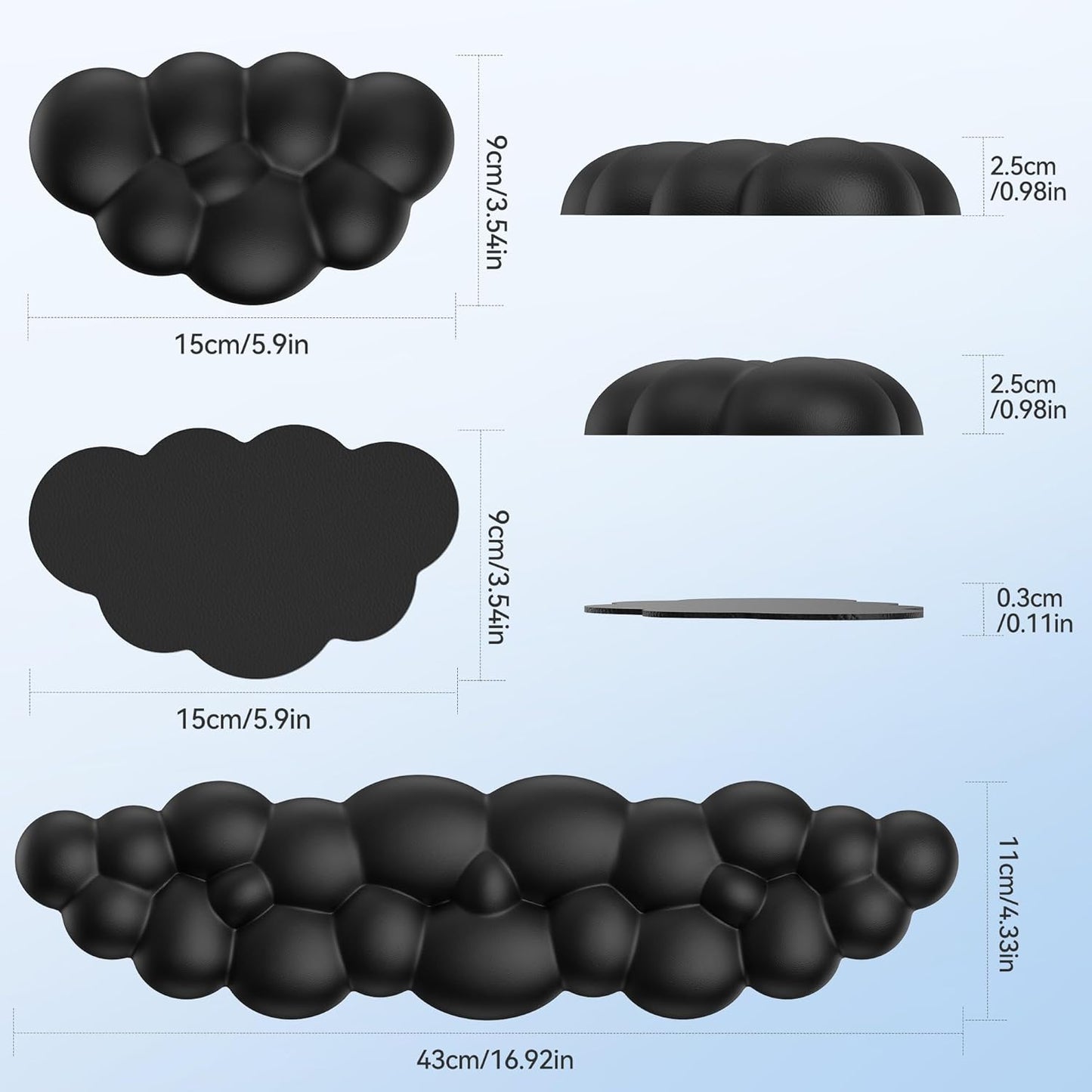 TECKNET Cloud Keyboard Wrist Rest Set - Ergonomic Memory Foam Pad with Non-Slip Base | Black