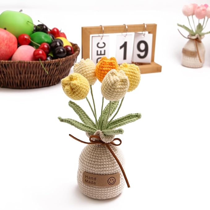 Handmade Tulips, Artificial Plant Crochet Flowers， Tulips Suitable for Home Room, Table, Office Ornaments and Birthday Gifts Suitable for Family and Friends Anniversary (5 Flowers-Yellow)