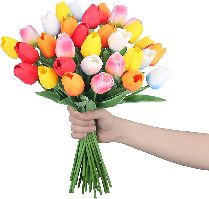 20pcs Color Artificial Tulips Flowers for Real Touch Tulips Fake Flowers for Smumer Wedding Bouquet Mother's Day Decor (5 Color 14 Inches)
