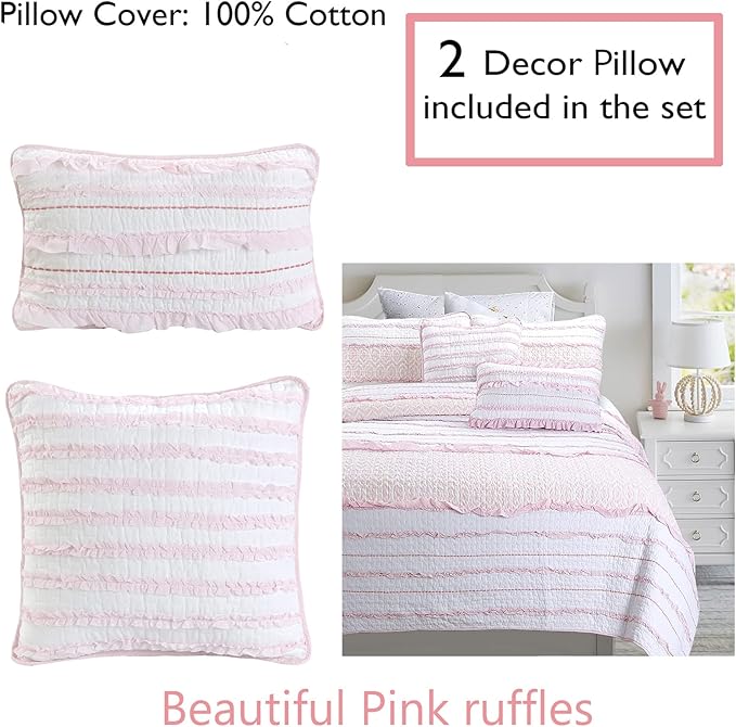 Cozy Line Home Fashions Pretty in Pink Girly Ruffle Stripped 100% Cotton Reversible Quilt Bedding Set, Coverlet, Bedspread (Pink Princess, Queen - 5 Piece: 1 Quilt + 2 Shams + 2 Decor Pillows)